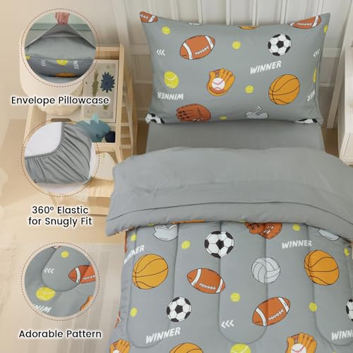 Image of david's kids 4 Piece Toddler Bedding Set - Soft Breathable Toddler Bedding Set for Boys Girls, Includes Quilted Comforter, Flat Sheet, Fitted Sheet and Pillowcase, Sports
