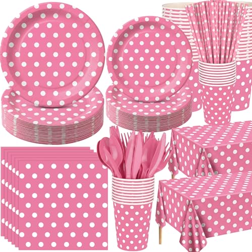Image of Funnymoom 452 Pcs Pink Polka Dot Party Supplies for 50, Pink and White Polka Dot Paper Plates Napkins Cups Tablecloth Cutlery Straws for Mouse Birthday Carnival Family Picnic Barbecue Party Decoration