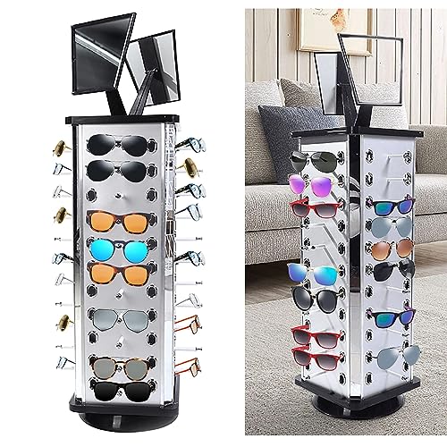 44 Pairs 360° Rotating Sunglass Display Glasses Stand Holder Sunglasses Organizer Rack W/ Mirror, Turning Eyewear Collection Eyeglass Carousel Holder for Commercial, Home, Store, Exhibition, Desk