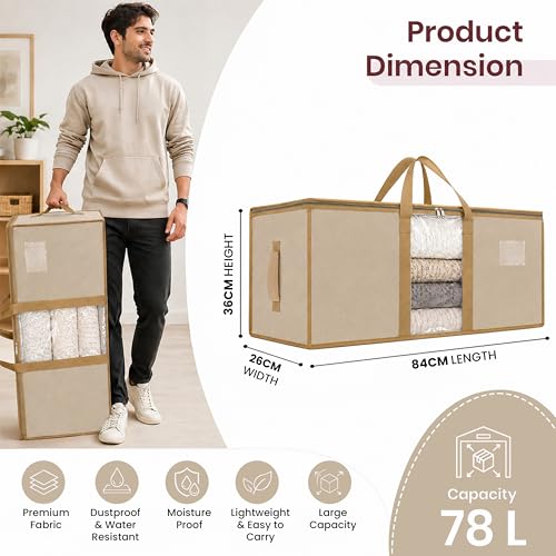 Image of Storite Jumbo Super-Size 78L Canvas Moisture Proof MultiPurpose Heavy Duty Storage Bag for Toys /Stationery /Blankets /Clothes /Moving Bag With Strong Reinforced Handles Rectangular | Cream (84x26x36cm)