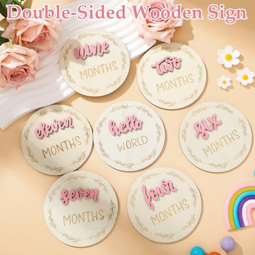 Image of 7 Pcs Months Baby Milestone Signs, 3D Pink Baby Monthly Milestone Cards Milestone Wooden Circles for Newborn Boy Girl 1-12 Months Baby Milestone Pictures (Double Sided)