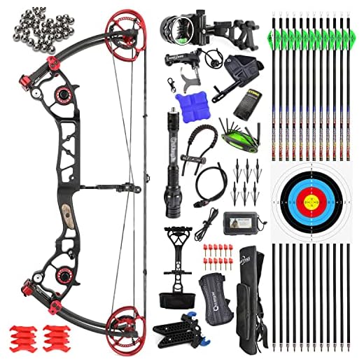 Archery Compound Bow Kit for Adult Hunting Target Practice Dual Purpose Bow Draw Weight 45-70 Lbs IBO 330-380 FPS Right Hand Bow (45-65LBS, RED KIT)