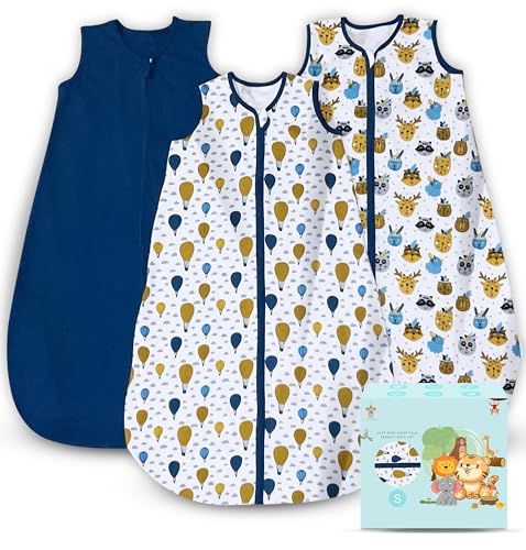 Image of Cute Castle Baby Sleep Sack 0-6 Months - Lightweight 100% Cotton 2-Way Zipper TOG 0.5 Infant Wearable Blanket, Newborn Essentials Toddler Sleep Clothes, 3 Pack(Blue, Balloons, Animals)