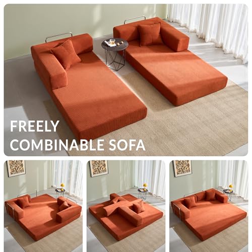 Image of Compression Sofa - Convertible Floor Sofa Bed - with Pillow Back Support Armrest - Comfy Foldable Sofa Bed Compressed Sofa in Box - Corduroy Fabric - for Living Room Bedroom(Orange)