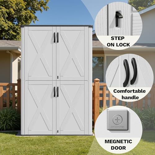 Image of Devoko 50 Cu Ft Plastic Outdoor Storage Cabinet, White | Vertical Resin Storage Shed with Lockable Door, Waterproof Shed for Patio Furniture Pool Toy, Garden Tool, Shelf Not Included