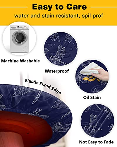 Navy Blue Dragonfly Round Tablecloth, Fitted Table Cover With Elastic For 45"-54" Round Tables, Modern White Lines Abstract Art Table Cloth Outdoor Indoor Dinning Party Waterproof Tablecloths #TOP2