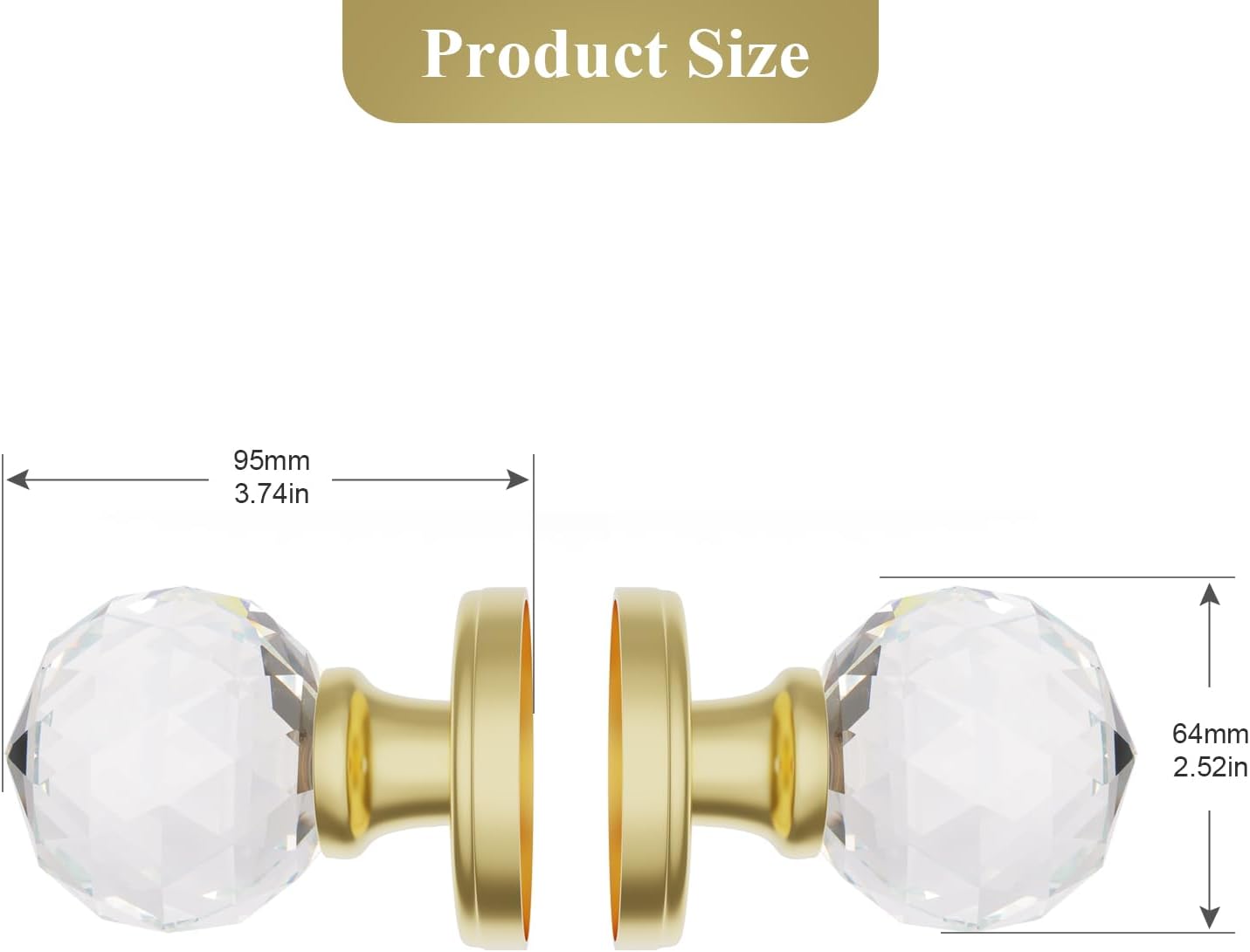 2 Pack Crystal Glass Dummy Door Knobs, Inactive Round Half-Dummy Door Knob Set, Single Side, Polished Brass