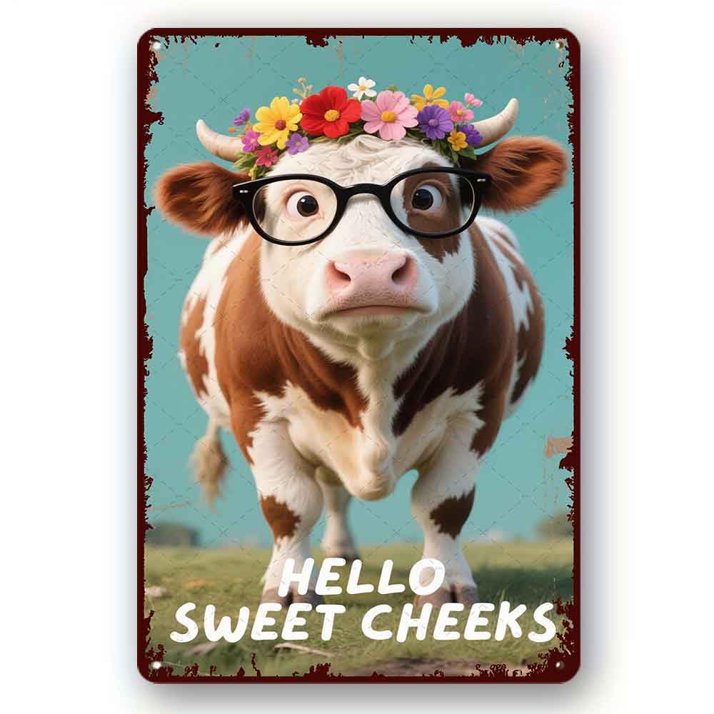 peiyeety Funny Metal Tin Sign Hello Sweet Cheeks Cow Vintage Metal Sign For Home Outdoor Indoor Office Bar Yard Decor 8x12 Inch