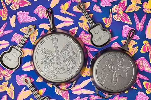 Image of Lodge 4.5 Inch Dolly Parton Mini Rockstar Cast Iron Guitar Skillet - Hand Wash Only Collector's Piece - Cast Iron Skillet for Single Serve or Decorative Use