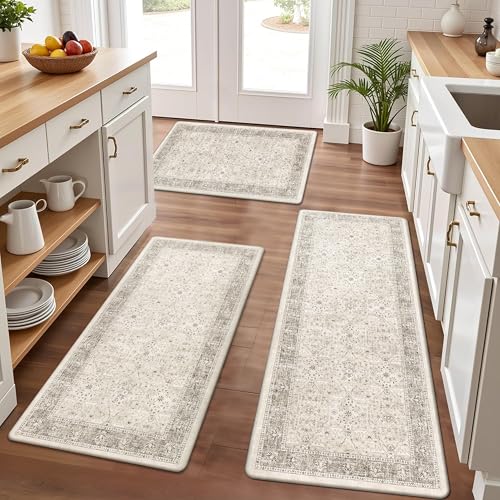 Comparison: Best Kitchen Mats For Tile Floors 6 Pauwer Anti Fatigue Kitchen Mat Set of 3 Non Slip Kitchen Mats for Floor Cushioned Kitchen Rugs Comfort Standing Mat Farmhouse Waterproof PVC Foam Kitchen Floor Mat Runner, Khaki