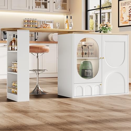 Yihomfy 205cm Cuisine Île avec Table Tournante, Armoire de Stockage, Étagères Ouverts,Bar de Café Moderne Table de Manger Extensible pour Cuisine,Salle à...
