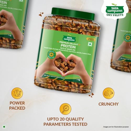 Image of Tata Sampann Premium Delight Protein Nuts & Seeds Mix, 1kg, Protein Trail Mix, Mixed Dry Fruits, Roasted Almonds, Pumpkin and Flax Seeds, Green Raisins, Amla Bits, & Cranberries Slices, Reusable Jar