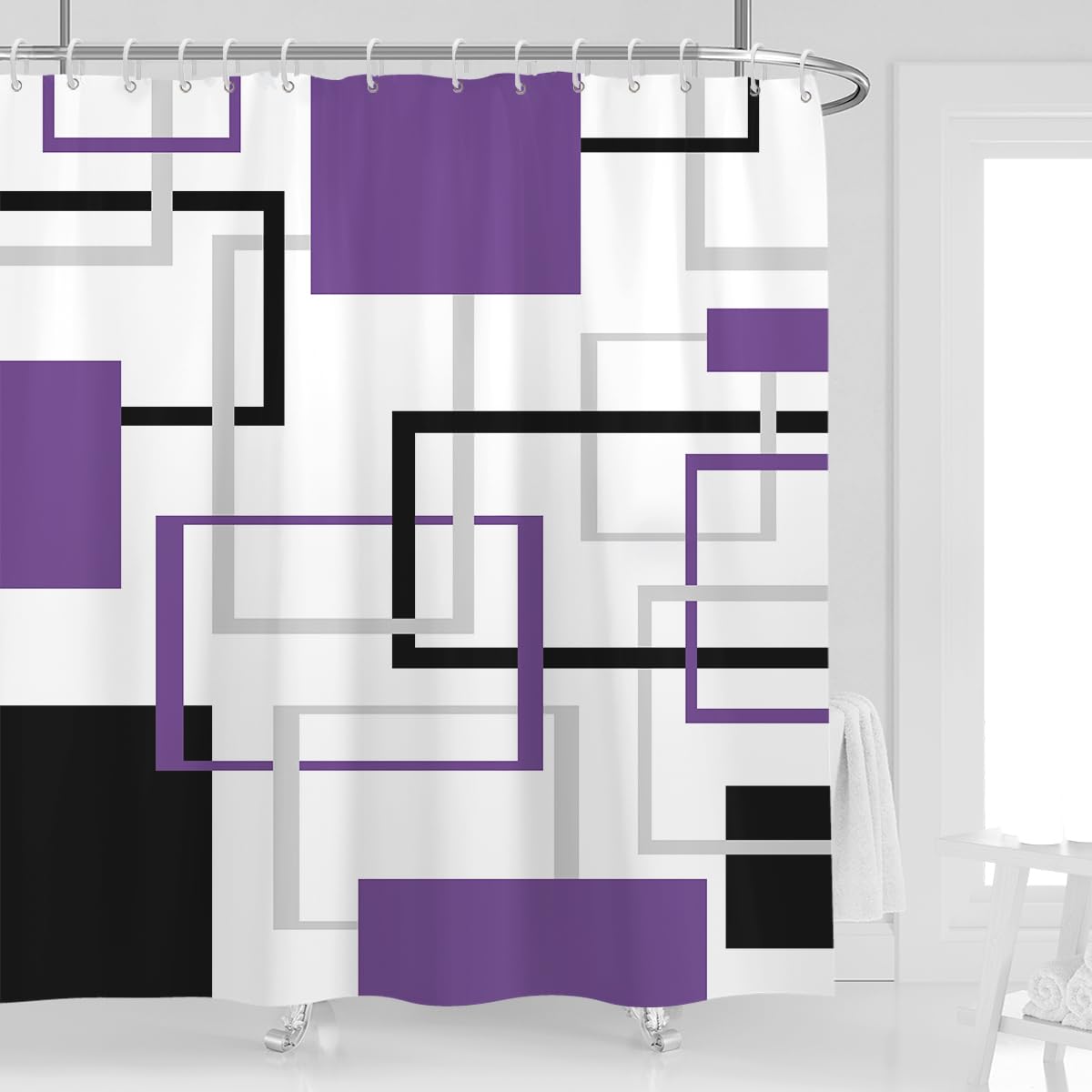 Kikiry Purple Black Shower Curtain 72''W x 72''L Abstract White Grey Gray Geometric Cross Checkered Modern Geometry Minimalist Men Neutral Simple
