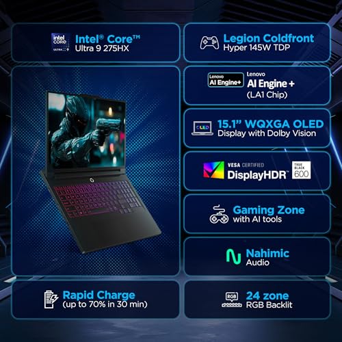 Image of Lenovo Legion 5 2025 Intel Core Ultra 9 275HX| NVIDIA RTX 5070 8GB (32GB RAM /1TB SSD /WQXGA OLED /165Hz /15.1 inch(39.6cm) /Windows 11 /Office 2024+AI Now /Black /1.9Kg),83F0005VIN AI Powered Gaming Laptop