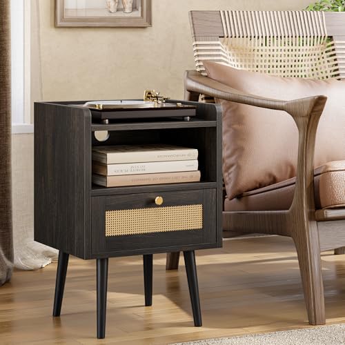 Image of MECHYIN Night Stand Set 2, Nightstands Set of 2 with Charging Station, Rattan Side Tables with Solid Wood Legs, Boho Bedside End Table for Apartment Bedroom Dorm Small Space