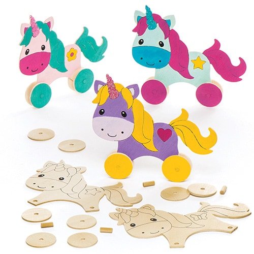 Baker Ross Unicorn Wooden Racer Kits (Pack of 4) Kids to Make & Decorate
