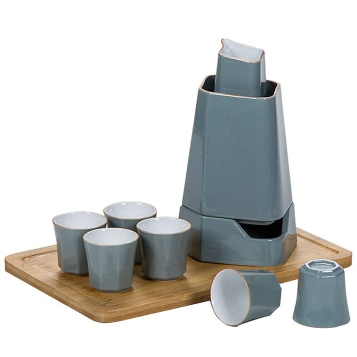 Juego de sake SXRC de 10 piezas, el regalo de cerámica ideal con tazas y bandeja de bambú