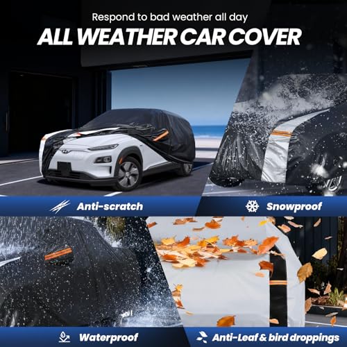 Image of Multi-Layer Car Cover Custom Fit for Hyundai Kona(EV)(2017-2026), 100% Waterproof All Weather for Automobiles, Gift with Towel, Heavy Duty Car Covers for Rain Sun UV Protection with Door Zipper.