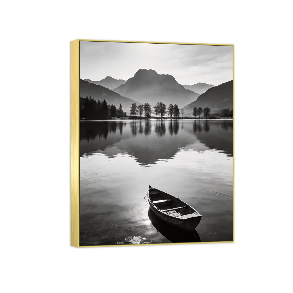 OZPWBVY Lake Boat 5 Black White Landscape Canvas Picture 50x65cm Gold Frame
