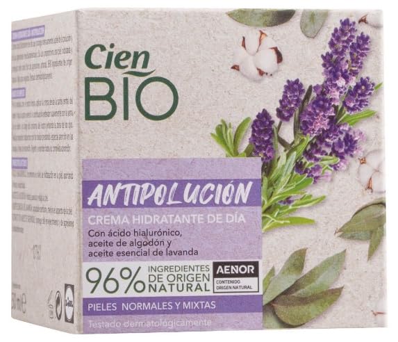 Cien Bio - Crema Hidratante de Día 50 ml. Tratamiento Facial Antipolución con Aceite de Algodón, Aceite Esencial de Lavanda y Ácido Hialurónico. Para pieles normales y mixtas.
