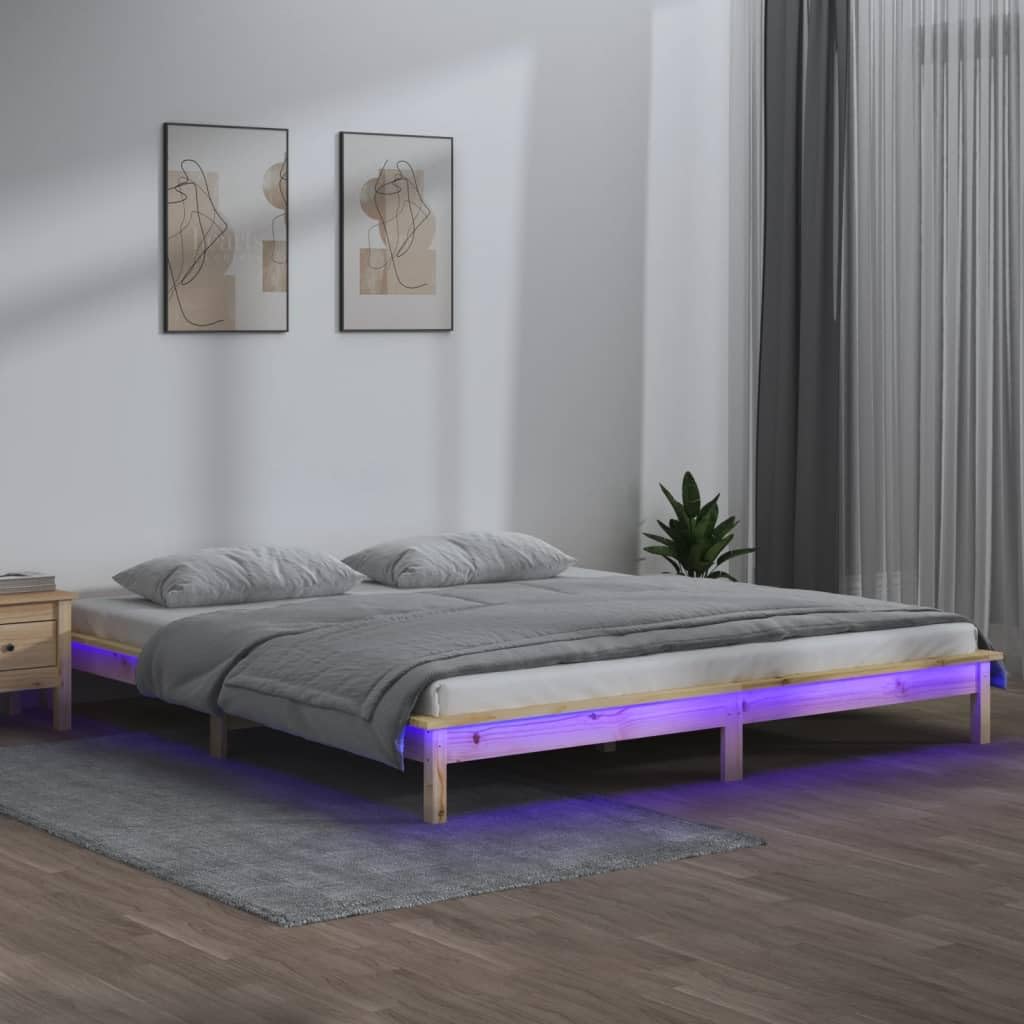 Lite drewno sosnowe z kolorowym LED Stelaż listwowy brąz 180x200 cm | Rama łóżka z LED 180x200 cm Super King lite drewno sosnowe RGB podświetlenie