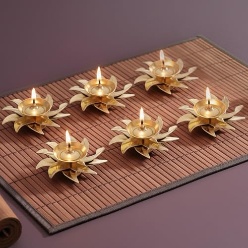 Image of Brass Diya for Puja Diwali Decoration Items for Home Golden Kamal Flower Diyas for Decoration /Festive Diya /Diwali Lights (Pack of 6)