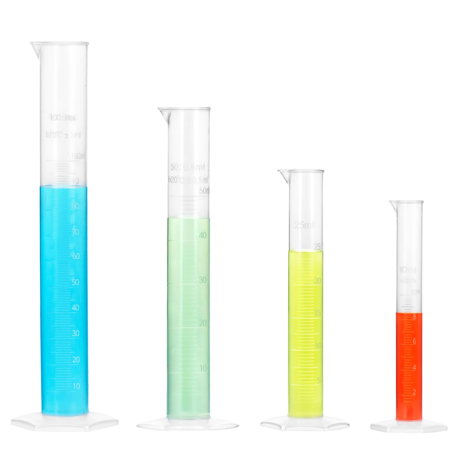 QWORK 4 piezas juego de cilindro medidor de plástico 10/25/50/100 ml reutilizable para laboratorio