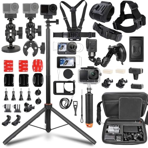 PellKing Accessories Kit for DJI Osmo Action 6 Carrying Case with Belt 135cm Selfie Stick Tripod Waterproof Housing Suction Cup Magnetic Handlebar Mount Qucik Release Clip 4 in 1 Body Mount