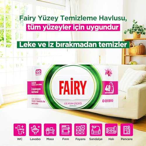 Fairy Çok Amaçlı Yüzey Temizlik Havlusu 100 Yaprak | Lilyum Çiçeği | Beyaz Sirke & Karbonat | 48 Saat Temizlik Etkili | İz Bırakmayan Formül