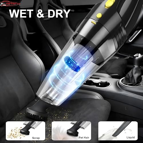 Image of DETACHI Car Vacuum Cleaner - Portable 2 in 1 Wet & Dry Cleaner for Car with High 6000PA Powerful Suction 12V DC for Deep Cleaning, HEPA Filter, Filter for Allergens, Cigarette Lighter Cord -Black