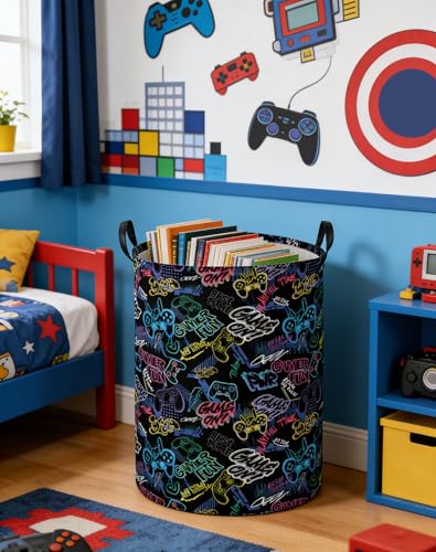 Image of Kids Laundry Basket Boys Laundry Hamper Kids Collapsible Canvas Waterproof Storage Bin for Boys Baby Nursery Hamper Gift Baskets for Bedroom(Cool games)