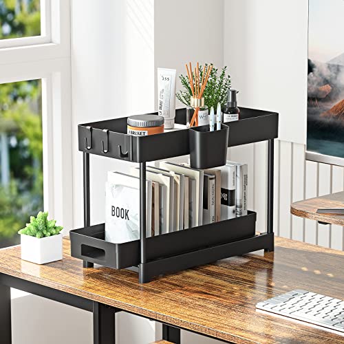 2 Pack Organizadores Bajo Fregadero con Cajón Deslizante, Organizador de 2 Niveles con 8 Ganchos y 2 Vasos Colgantes, Multiusos para Cocina y Baño, Negro miniatura 6