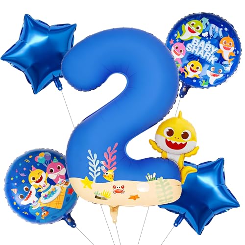 Image of PartyWoo Baby Shark Blue Foil Number 2 Balloon 5pcs 40 18 Inch Blue Round Star Mylar Helium Birthday Balloons for Boys and Girls Baby Shark Under the Sea Ocean Kids Second Birthday Party Decorations