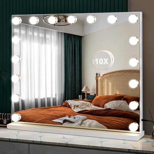 Image of M MIVONDA Large Vanity Mirror with 17 Bulbs Lights, Hollywood Lighted Makeup Mirror for Desk and Wall, Dimmable 3 Lighting Modes, Plug-in & USB Charger Port