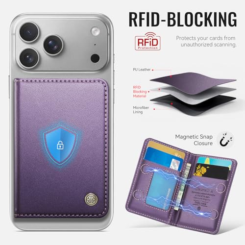Image of Magnetic Wallet Card Holder with RFID Protection, PU Leather Slim Wallet, Strong Magnet Attachment for iPhone 18 /17 /16 /15 /14 /13 /12 Series Pro Max Plus Mini-Purple