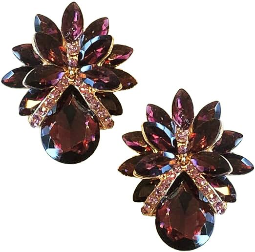 LARGE Art Deco Antique Vintage Retro Style Eggplant Plum Purple Rhinestone Bridal Bridesmaid Wedding Prom Pageant Drag Queen Statement Cluster Earrings