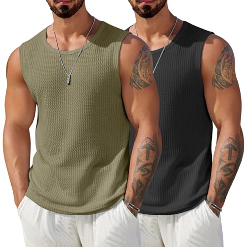 Image of COOFANDY Mens Casual Tank Tops 2 Pack Waffle Knit Sleeveless Shirt Breathable Tank Shirts Summer Muscle Tee