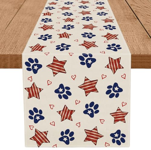 QIONG MENG 4th of July Table Runner Dog Paw Stars Heart Memorial Day Independence Day Patriotic Decorations Kitchen Dining Table Home Decor 13x72 Inch