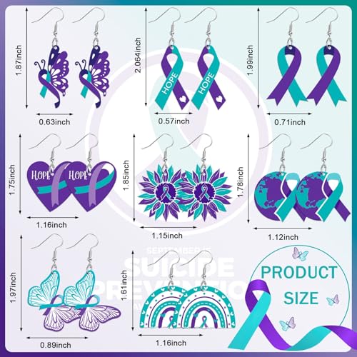 8 Pairs Suicide Prevention Awareness Earrings, Teal Purple Ribbon Acrylic Earrings Double Side Design Lightweight Dangle Earrings for Women2
