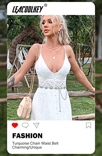 Image of LEACOOLKEY Women Turquoise Concho Chain Waist Belt Silver Western Cowgirl Metal Chain Belt for Dress Adjustable