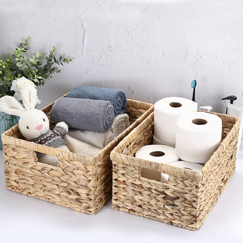 GUSHBIN Natural Water Hyacinth Storage Basket Home Rectangular Organizer with Built-in Handles Square Shallow Bin Large Shelf Basket for Home Decor, 15.9"L x 12"W x 7.1"H - Image 8