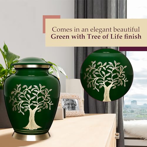 Image of Trupoint Memorials Cremation Urns for Human Ashes, Tree of Life Decorative Burial Urn for Adult Men and Women, Large Dark Green