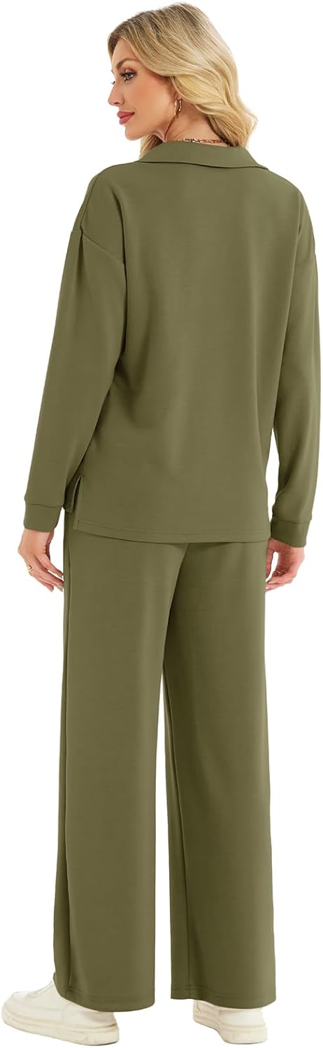 Two Piece Sets for Women Casual Fall Lounge Sets Long Sleeve V-Neck Tops Wide Leg Pants Vacation Travel Outfits - Image 6