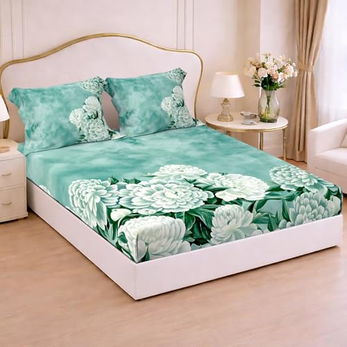 Image of Cloth Fusion Glace Cotton Elastic Fitted Bedsheet King Size with 2 Pillow Covers (78X72 inches, Teal Green)
