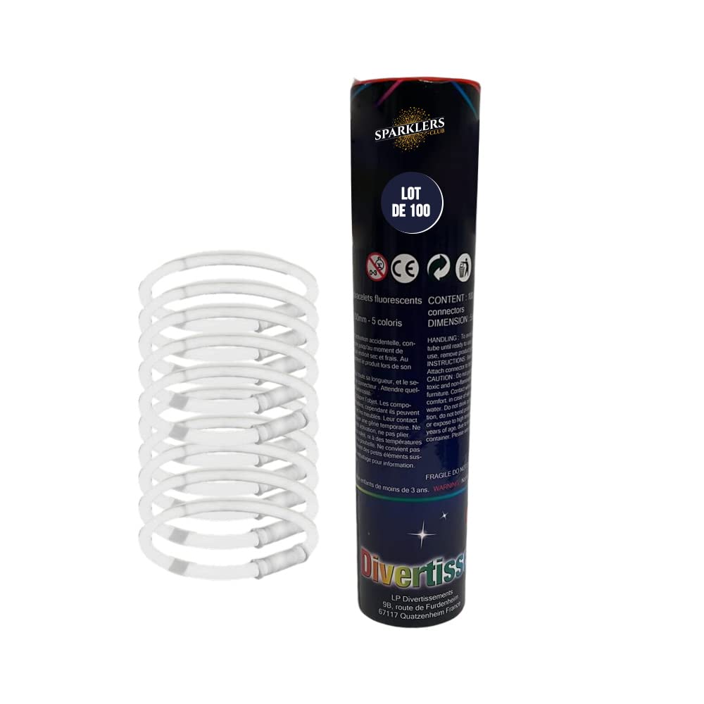 SPARKLERS CLUB® - Lote de 100 pulseras luminosas, 100 conectores incluidos, pulsera de color neón ideal para fiestas y eventos, Baton Fluo Glow (blanco)