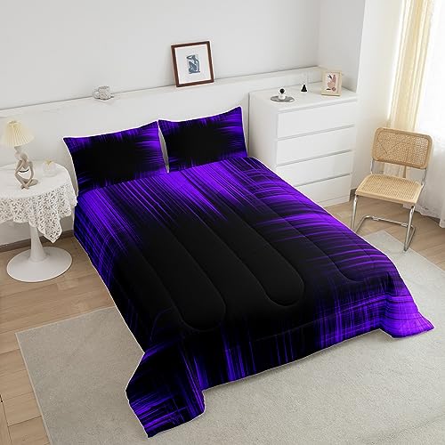 Image of Feelyou Abstract Ombre Bedding Set King, Purple and Black Comforter for Kids Boys Girls Geometric Artistic Smear Comforter Set Stripes Duvet Set 3Pcs