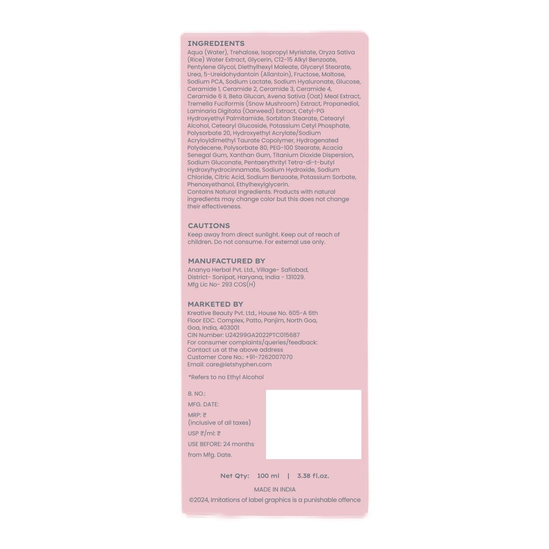 Hyphen 7% Ceramides-NMF Milky Face Toner Essence | 5% Glass Skin Blend of Rice Water, Oatmeal & Snow Mushroom Extracts |Hydrates & Nourishes| Alcohol Free Toner| for All Skin Types - 100ml