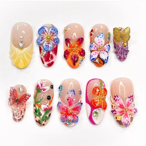 LBPEPAMZ 24Pcs Flower Press on Nails Medium Almond Fake Nails wit...