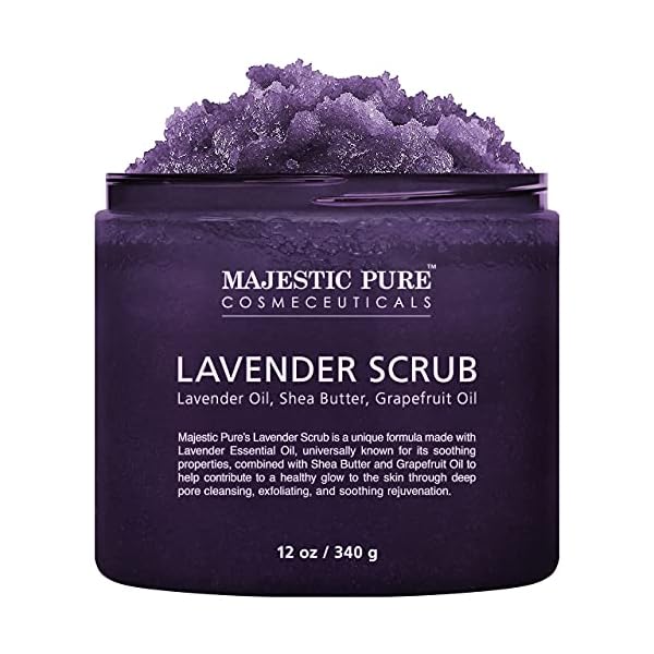 Lavender Oil Body Scrub Exfoliator with Shea Butter and Grapefruit Oil by Majestic Pure - Exfoliate & Moisturize Skin, Fights Acne - 10 oz