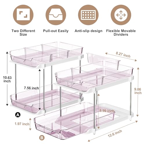Image of Delamu 2-Tier Multi-Purpose Bathroom Under Sink Organizers and Storage, Stackable Kitchen Pantry Organization, Pull Out Medicine Cabinet Organizer with Movable Dividers, Purple, 2 Pack